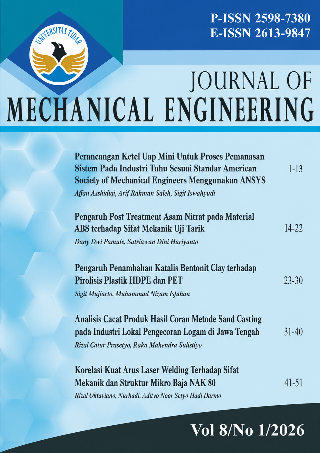 Journal of Mechanical Engineering Vol. 8 No. 1 Tahun 2026, Universitas Tidar, memuat daftar lima artikel bidang teknik mesin.